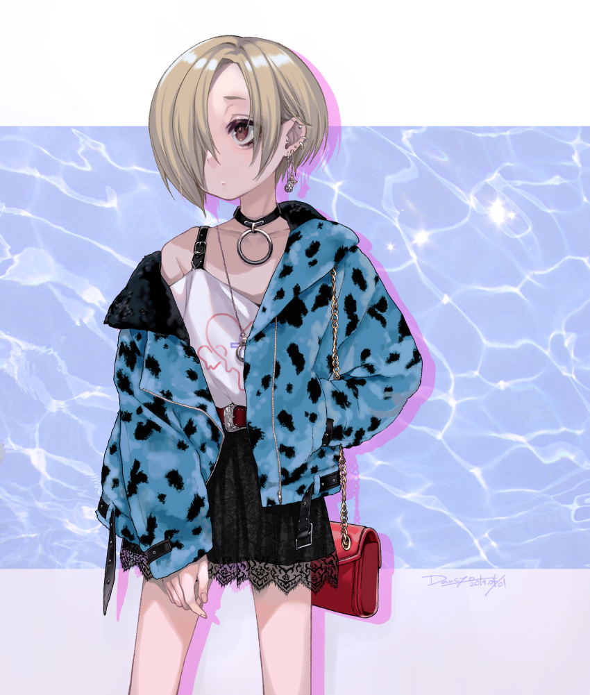 1girl absurdres bag bags_under_eyes belt belt_buckle blonde_hair brown_eyes buckle chains choker collarbone commentary_request cowboy_shot dancho_(dancyo) dated ear_piercing earrings expressionless hair_over_one_eye hand_in_pocket handbag heart highres idolmaster idolmaster_cinderella_girls jacket jewelry lace lace-trimmed_skirt o-ring o-ring_choker off_shoulder open_clothes open_jacket piercing shirasaka_koume shirt short_hair signature single_bare_shoulder skirt sleeves_past_wrists solo stud_earrings