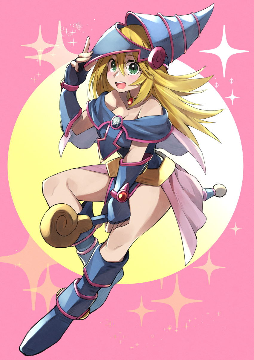 1girl :d absurdres adjusting_clothes adjusting_hat bangs bare_legs bare_shoulders between_legs blonde_hair blue_dress blue_footwear blue_gloves blue_headwear blush boots breasts cleavage dark_magician_girl dress duel_monster elbow_gloves eyebrows_visible_through_hair female fingerless_gloves full_body gem gloves green_eyes hair_between_eyes hand_up happy hat highres holding holding_staff huge_filesize jewelry kamekiti legs long_hair looking_at_viewer medium_breasts nail_polish neck necklace off-shoulder_dress off_shoulder open_mouth pink_background pink_nails revision ruby_(stone) smile solo sparkle staff teeth wizard_hat yu-gi-oh!