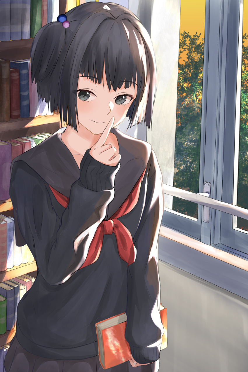 1girl absurdres amemori_sayo black_eyes black_hair black_shirt black_skirt book bookshelf hair_bobbles hair_ornament highres holding holding_book index_finger_raised indoors long_sleeves nijisanji orange_sky school_uniform shirt short_hair short_ponytail side_ponytail skirt sky smile solo standing virtual_youtuber window