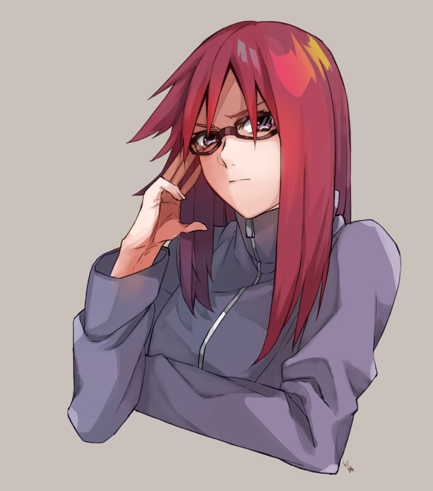 1girl adjusting_eyewear black-framed_eyewear cropped_torso grey_background highres karin_(naruto) kogeta_kaori long_hair long_sleeves looking_at_viewer naruto_(series) naruto_shippuuden purple_sweater redhead simple_background solo sweater turtleneck turtleneck_sweater