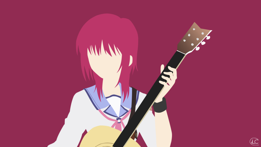 1girl angel_beats! artist_name bangs fingers girls_dead_monster guitar highres holding holding_instrument instrument iwasawa key_(company) lucifer012 minimalism music no_eyes playing_instrument purple_background redhead ribbon school_uniform shinda_sekai_sensen_uniform shirt short_hair signature simple_background skirt sleeves_rolled_up solo uniform upper_body wallpaper watermark white_shirt wrist_straps