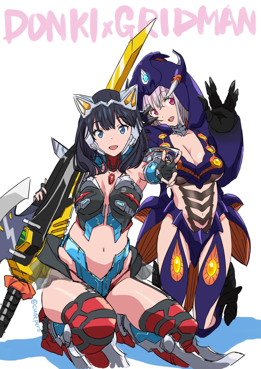 2girls alternate_costume animal_ears anti_(ssss.gridman) anti_(ssss.gridman)_(cosplay) black_hair blue_eyes breasts commentary_request cosplay cunepero don_quijote gridman_(ssss) gridman_(ssss)_(cosplay) highres kneeling lavender_hair long_hair looking_at_another looking_at_viewer medium_breasts multiple_girls open_mouth red_eyes red_legwear shinjou_akane shiny shiny_hair shiny_skin short_hair simple_background smile ssss.gridman straight_hair sword takarada_rikka thigh-highs thighs weapon white_background