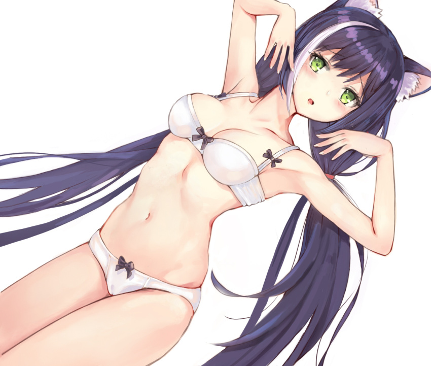 1girl :o animal_ear_fluff animal_ears armpits arms_up black_bow black_hair blush bow bow_panties bra breasts cat_ears cat_girl cleavage collarbone green_eyes hair_tie highres kyaru_(princess_connect) long_hair looking_at_viewer low_twintails medium_breasts multicolored_hair navel panties parted_lips princess_connect!_re:dive simple_background solo stomach streaked_hair sxbzero twintails underwear underwear_only very_long_hair white_background white_bra white_hair white_panties