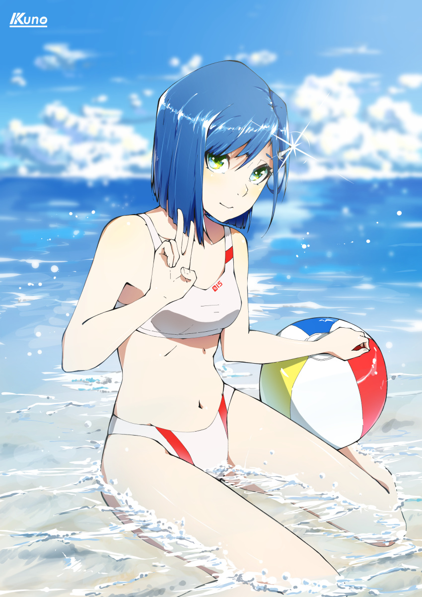 1girl absurdres artist_name ball bangs beach beachball bikini blue_hair blue_sky blurry blurry_background clouds cloudy_sky darling_in_the_franxx depth_of_field feet_out_of_frame hair_ornament highres ichigo_(darling_in_the_franxx) kuno_(runkunochan) navel outdoors partially_submerged short_hair sky smile solo sparkle swimsuit water white_bikini white_bikini_bottom white_bikini_top