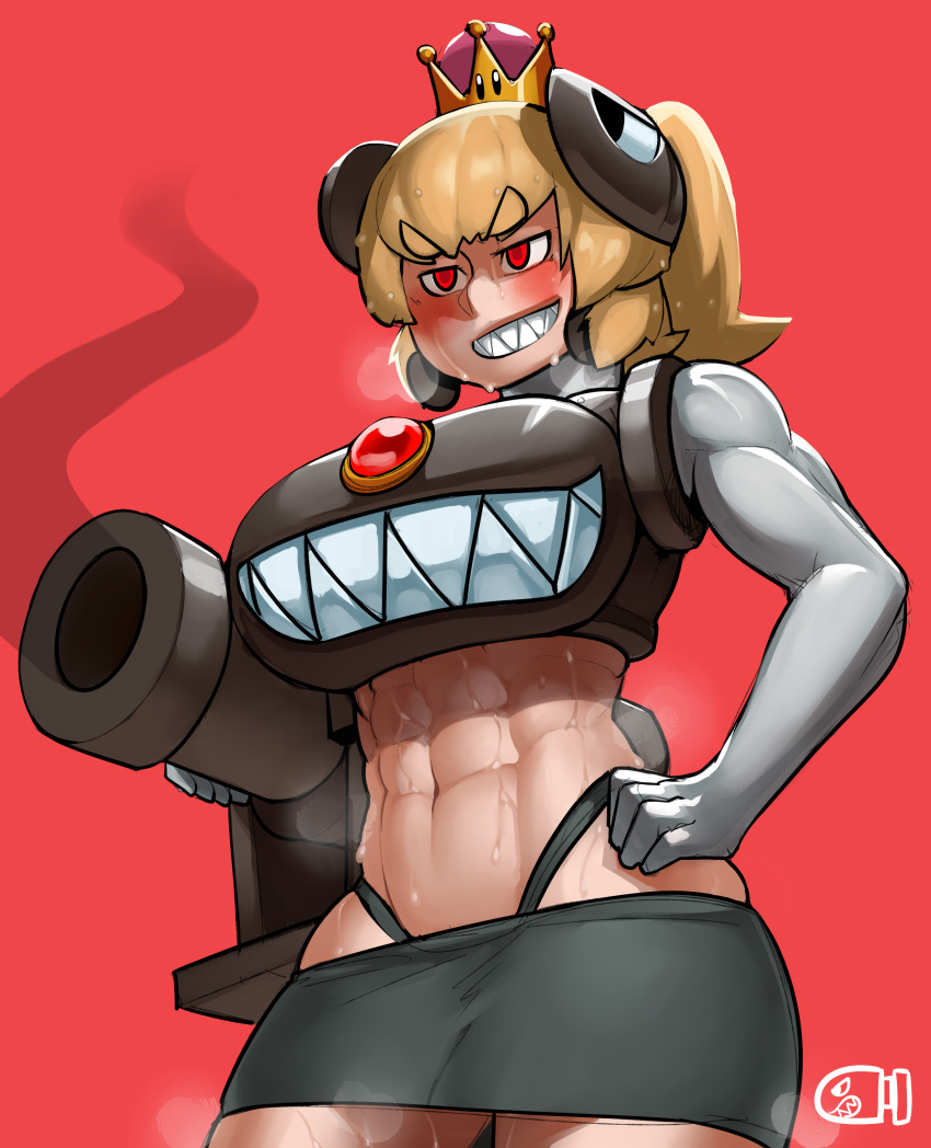 1girl abs absurdres armor bangs black_panties black_skirt blush breastplate breasts bullet_bill cannon commentary crown eyebrows_visible_through_hair gem grin gun hairpods hand_on_hip highleg highleg_panties highres krekk0v large_breasts lowleg_skirt super_mario_bros. mechanical_arms medium_hair midriff miniskirt muscle muscular_female navel new_super_mario_bros._u_deluxe nintendo panties personification ponytail red_background red_eyes sharp_teeth skirt smile smoke smoking_gun solo super_crown sweat teeth thick_eyebrows underwear weapon