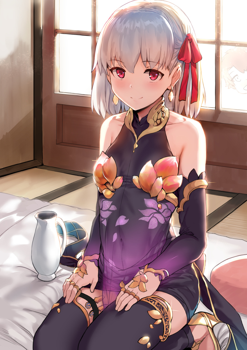 1girl absurdres backlighting bangs bare_shoulders blush breasts closed_mouth covered_navel detached_sleeves dress earrings eyebrows_visible_through_hair fate/grand_order fate_(series) fujimaru_ritsuka_(male) hair_between_eyes hair_ribbon hews_hack highres huge_filesize jewelry kama_(fate/grand_order) looking_at_viewer paid_reward patreon_reward purple_dress purple_legwear red_eyes ribbon short_hair silver_hair sitting small_breasts smile solo thigh-highs thighs wariza