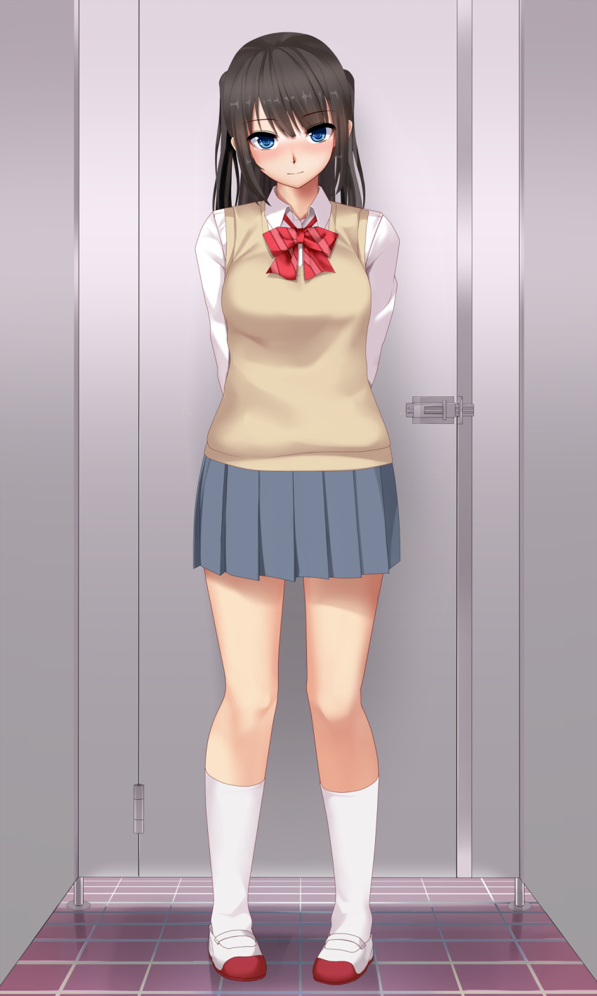 1girl arms_behind_back bangs black_hair blue_eyes blurry blurry_background blush bow bowtie collared_shirt cubicle eto eyebrows_visible_through_hair full_body grey_skirt groin highres indoors kneehighs latch long_sleeves looking_at_viewer miniskirt original pleated_skirt school_uniform shirt shoes skirt solo standing striped striped_bow striped_neckwear sweater_vest tile_floor tiles two_side_up uwabaki white_legwear white_shirt wing_collar