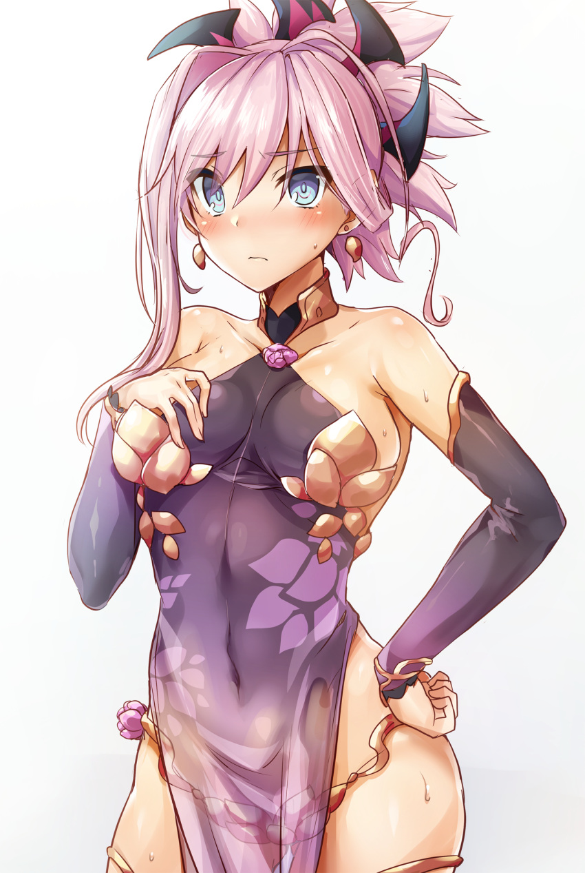 1girl armpit_crease bare_shoulders blue_eyes blush breasts closed_mouth collarbone commentary_request cosplay cowboy_shot detached_sleeves earrings fate/grand_order fate_(series) frown halterneck hand_on_hip highres jewelry kama_(fate/grand_order) kama_(fate/grand_order)_(cosplay) long_hair long_sleeves looking_at_viewer medium_breasts miyamoto_musashi_(fate/grand_order) navel pink_hair ponytail revealing_clothes samoore see-through sideboob single_sidelock solo sweat thighlet