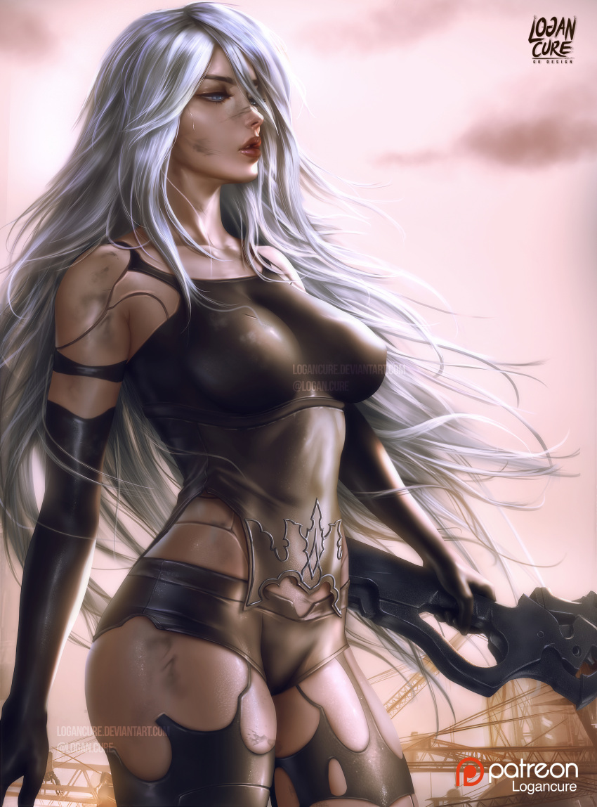 1girl absurdres android armlet bare_shoulders black_gloves black_shorts blue_eyes crane dirty_face elbow_gloves from_side gloves highres holding holding_sword holding_weapon logan_cure long_hair nier_(series) nier_automata parted_lips red_lips robot_joints short_shorts shorts silver_hair sword tank_top thighs weapon yorha_type_a_no._2