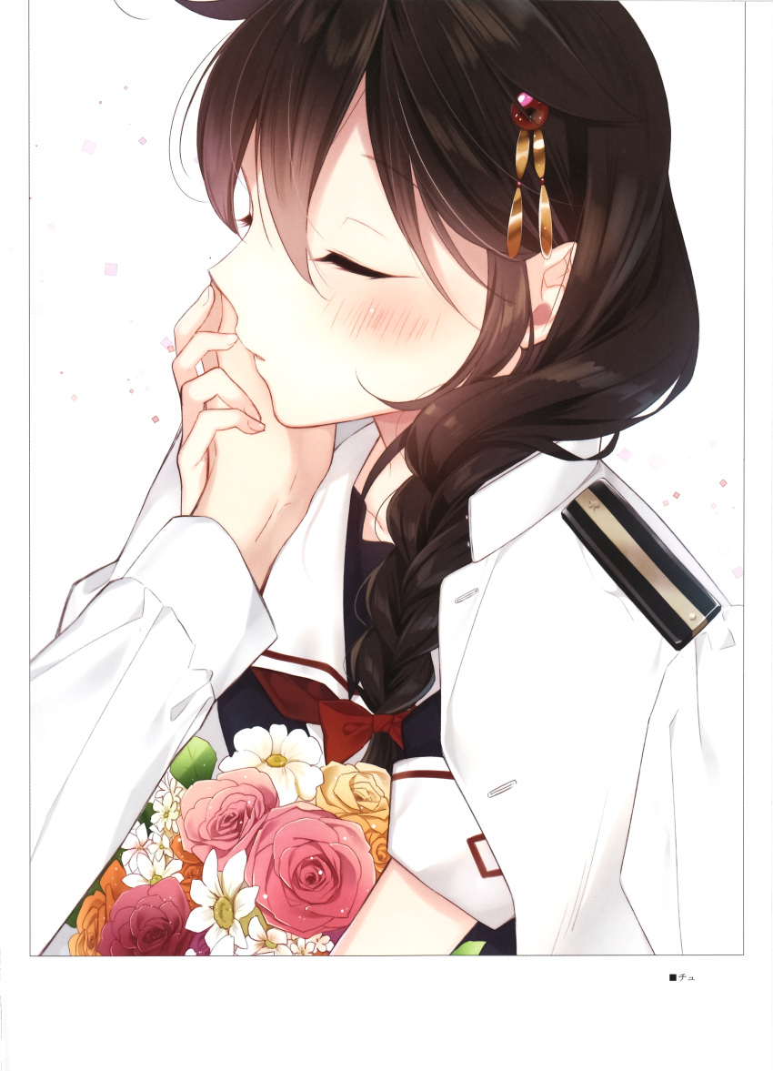 1boy 1girl absurdres bow braid brown_hair closed_eyes fingernails flower hair_bow hair_flaps hair_ornament hair_over_shoulder highres huge_filesize jacket_on_shoulders kantai_collection long_hair long_sleeves military military_uniform naoto_(tulip) naval_uniform out_of_frame pink_flower pink_rose red_bow red_flower red_rose rose scan school_uniform shigure_(kantai_collection) short_sleeves simple_background single_braid uniform white_background white_flower yellow_flower