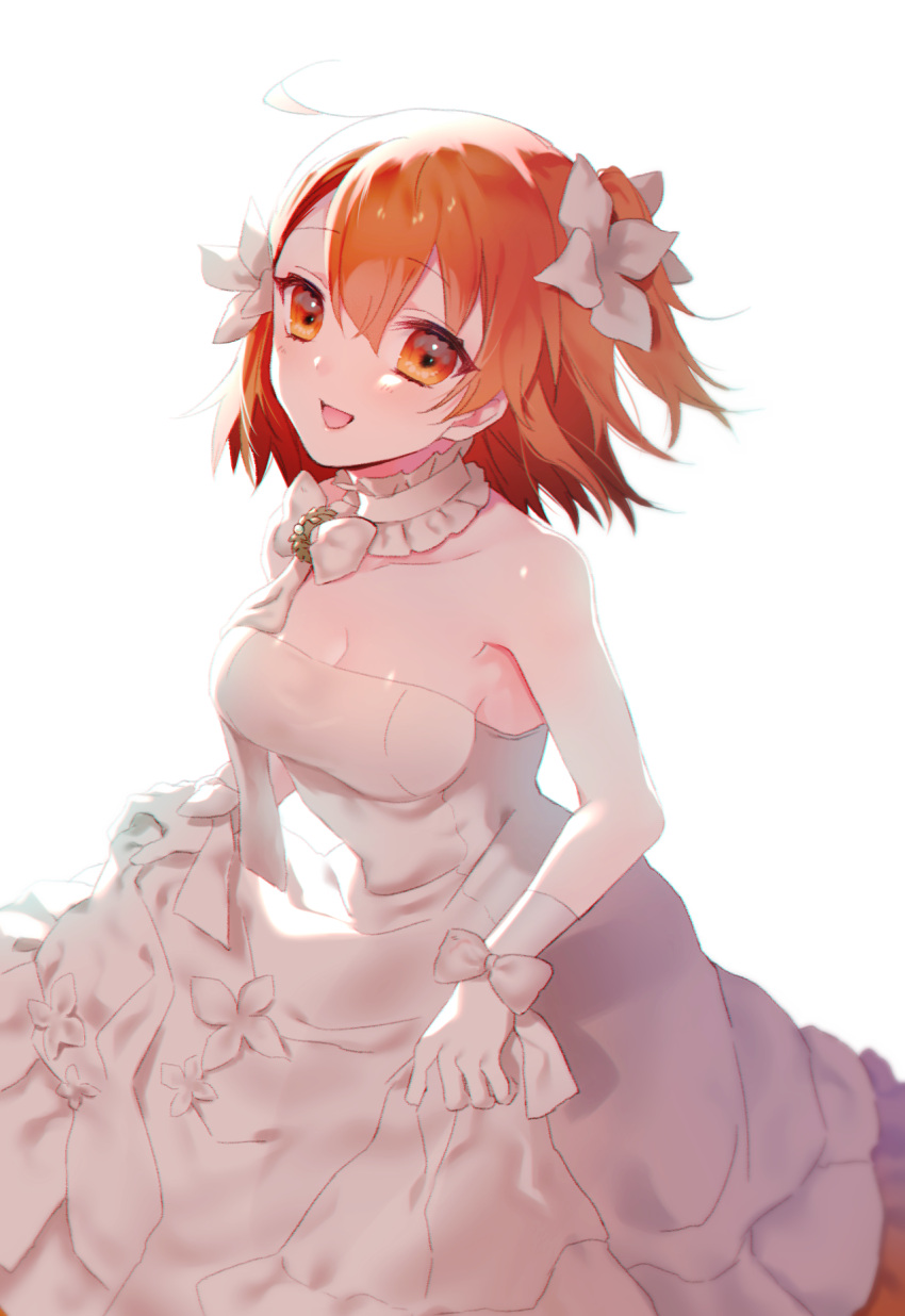 1girl :d ai_(blacktea_milk) bow breasts choker cleavage collarbone dress eyebrows_visible_through_hair fate/grand_order fate_(series) frilled_dress frills fujimaru_ritsuka_(female) gloves hair_between_eyes hair_bow highres long_dress looking_at_viewer medium_breasts open_mouth orange_eyes orange_hair shiny shiny_skin short_hair side_ponytail simple_background skirt_hold sleeveless sleeveless_dress smile solo standing strapless strapless_dress wedding_dress white_background white_bow white_dress white_gloves wrist_bow