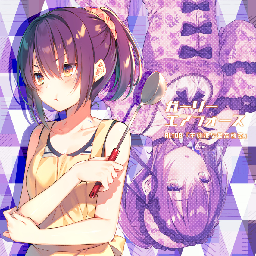 1girl :t bangs bare_arms bare_shoulders black_bow blush bow breasts closed_mouth collarbone dress girly_air_force hair_between_eyes hair_ornament hair_scrunchie headdress highres holding ladle lolita_fashion long_hair looking_at_viewer looking_away parted_lips pout purple_hair scrunchie shirt sidelocks sleeveless sleeveless_shirt small_breasts solo song_minghua_(girly_air_force) striped striped_shirt tank_top toosaka_asagi upper_body upside-down v-shaped_eyebrows white_shirt yellow_eyes