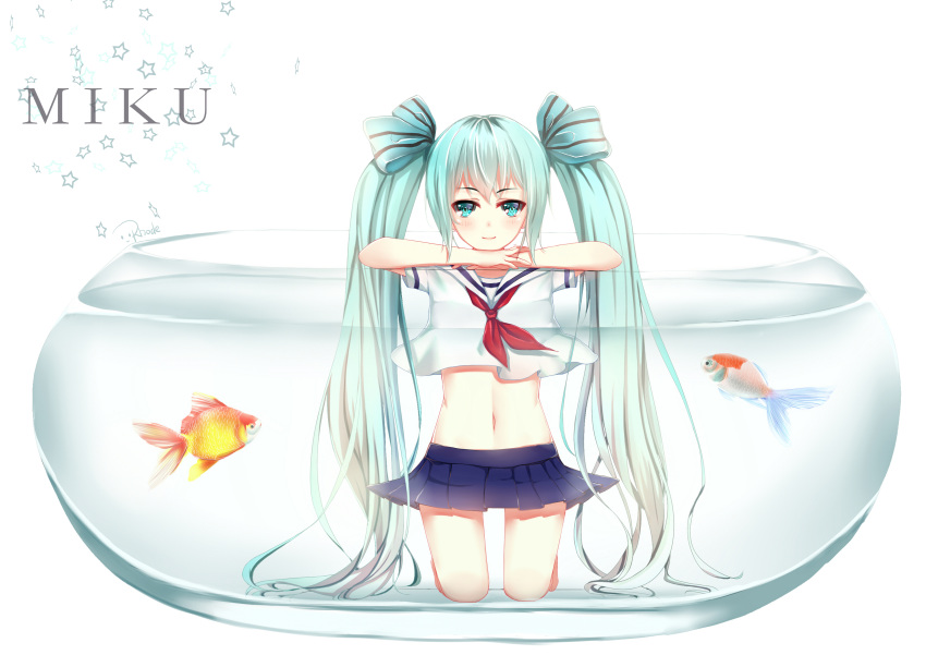 1girl absurdly_long_hair absurdres bangs barefoot blue_bow blue_eyes blue_hair blue_skirt bow character_name fish floating_hair goldfish hair_bow hatsune_miku head_rest highres kneeling long_hair looking_at_viewer midriff miniskirt navel neckerchief partially_submerged pleated_skirt red_neckwear rhode sailor_collar school_uniform serafuku shirt shirt_lift short_sleeves signature simple_background skirt skirt_lift smile solo stomach striped striped_bow twintails very_long_hair vocaloid water white_background white_sailor_collar white_shirt