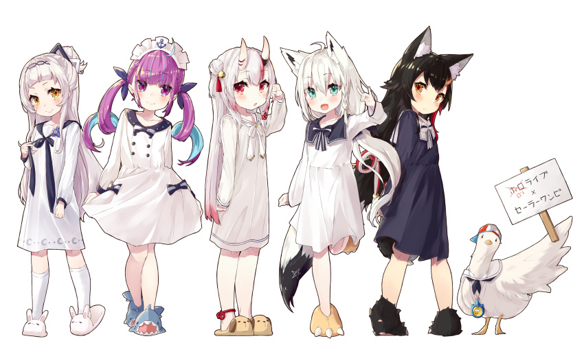 5girls :d anchor_symbol animal animal_ears animal_slippers animalization aqua_eyes aqua_hair bangs baseball_cap bell bird black_dress black_hair blunt_bangs bow bowtie braid bunny_slippers commentary_request dog_slippers dress duck expressionless flat_chest fox_ears fox_shadow_puppet fox_tail gradient_hair hair_bell hair_ornament hair_ribbon hair_twirling hairband hairstyle_request hat highres hololive horns jingle_bell maid_headdress minato_aqua multicolored_hair multiple_girls murasaki_shion nakiri_ayame nuko_miruku oni_horns ookami_mio oozora_subaru_(duck) open_mouth orange_eyes parted_lips paw_shoes pink_hair placard purple_hair red_eyes redhead ribbon shirakami_fubuki shoes short_dress side_braid sign single_braid skirt_hold slippers smile streaked_hair tail translated two-tone_hair violet_eyes virtual_youtuber white_dress white_hair white_legwear wolf_ears wolf_tail yellow_eyes younger