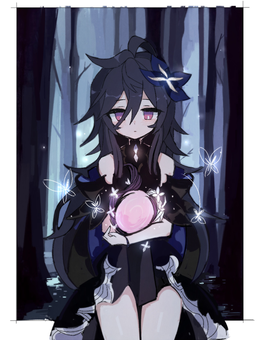 1girl antenna_hair bangs bare_legs black_dress black_hair blue_flower bracelet bug butterfly commentary covered_collarbone cowboy_shot crossed_arms diamond_(shape) dress elsword firefly flower forest frame hair_flower hair_ornament highres insect jewelry laby_(elsword) long_hair looking_down mirror nature night nisha_(elsword) nisha_labyrinth_(elsword) open_clothes open_dress out_of_frame pink_eyes seu_9(banya) sidelocks sleeveless sleeveless_dress solo standing tree very_long_hair