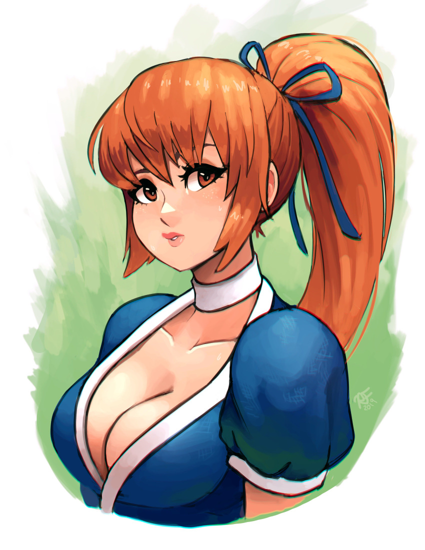 1girl absurdres bangs blue_dress blue_ribbon breasts brown_eyes brown_hair choker cleavage collarbone commentary_request cropped_torso dead_or_alive dead_or_alive_6 dress hair_ribbon high_ponytail highres japanese_clothes kasumi_(doa) large_breasts long_hair long_ponytail looking_at_viewer ninja parted_lips ponytail ravenousruss ribbon short_sleeves simple_background solo