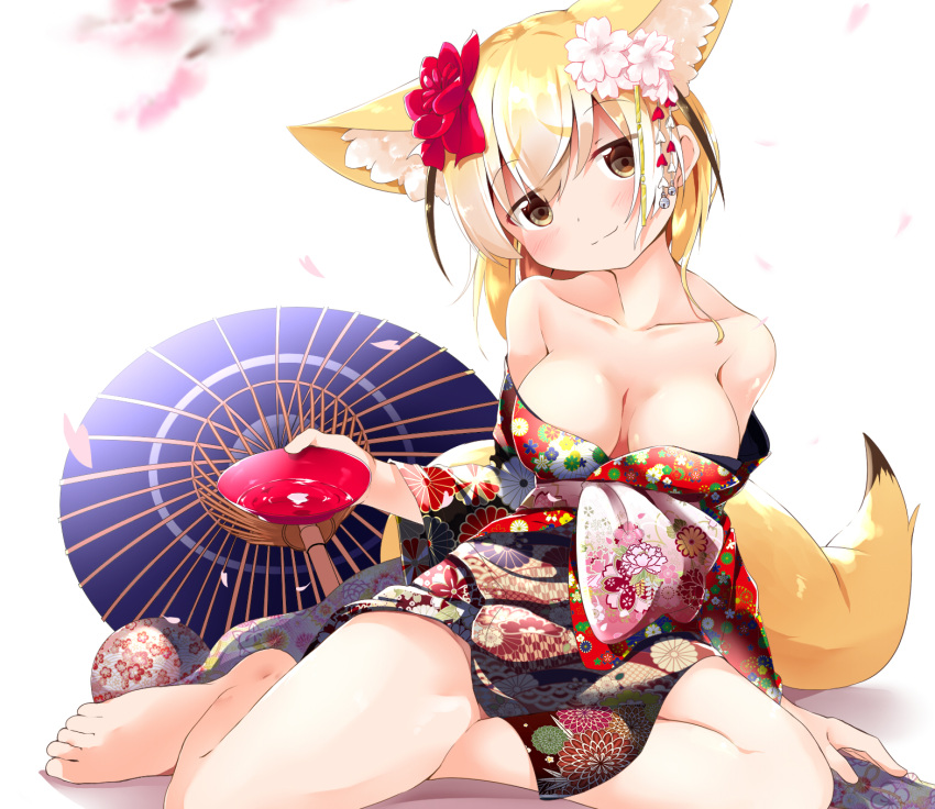 1girl alternate_costume animal_ear_fluff animal_ears bare_legs barefoot black_kimono black_umbrella blonde_hair blurry blurry_background blush breasts cherry_blossoms cleavage closed_mouth collarbone commentary_request cup depth_of_field fennec_(kemono_friends) floral_print flower fox_ears fox_girl fox_tail gradient_hair hair_flower hair_ornament head_tilt highres holding holding_cup japanese_clothes kemono_friends kimono legs long_hair long_sleeves looking_at_viewer makuran medium_breasts multicolored_hair off_shoulder oriental_umbrella petals pink_flower print_kimono red_flower sakazuki smile solo tail umbrella white_flower white_hair wide_sleeves yagasuri