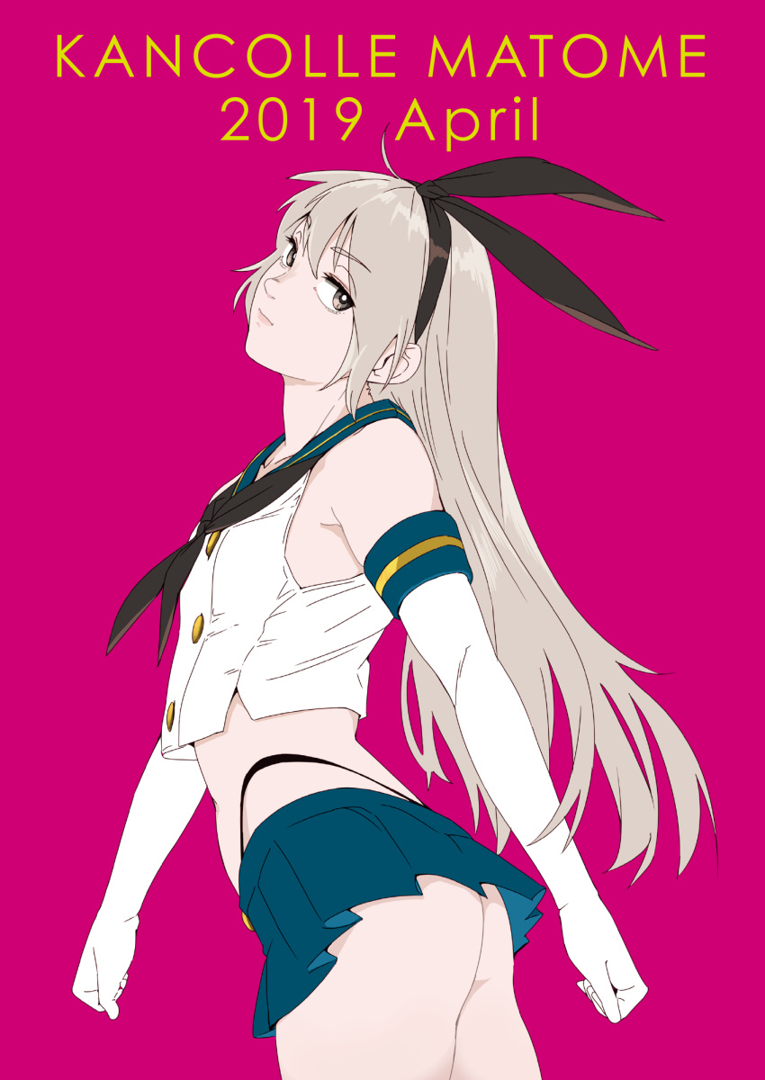 1girl alternate_eye_color alternate_hair_color anchor_hair_ornament ass black_neckwear black_panties blue_sailor_collar blue_skirt crop_top cropped_legs elbow_gloves flat_chest gloves grey_background grey_eyes hair_ornament highleg highleg_panties highres kantai_collection lips long_hair looking_at_viewer microskirt miniskirt neckerchief ojipon panties red_background sailor_collar shimakaze_(kantai_collection) silver_hair simple_background skirt solo title underwear white_gloves