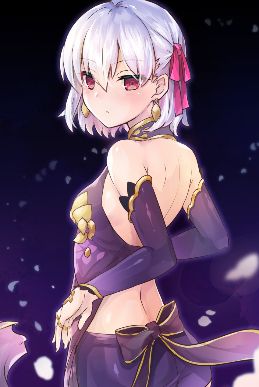 1girl back bangs bare_shoulders blush breasts detached_sleeves dress earrings fate/grand_order fate_(series) gradient gradient_background hair_ribbon halterneck highres jewelry kama_(fate/grand_order) looking_at_viewer looking_back purple_dress red_eyes ribbon ring samoore short_hair silver_hair small_breasts solo