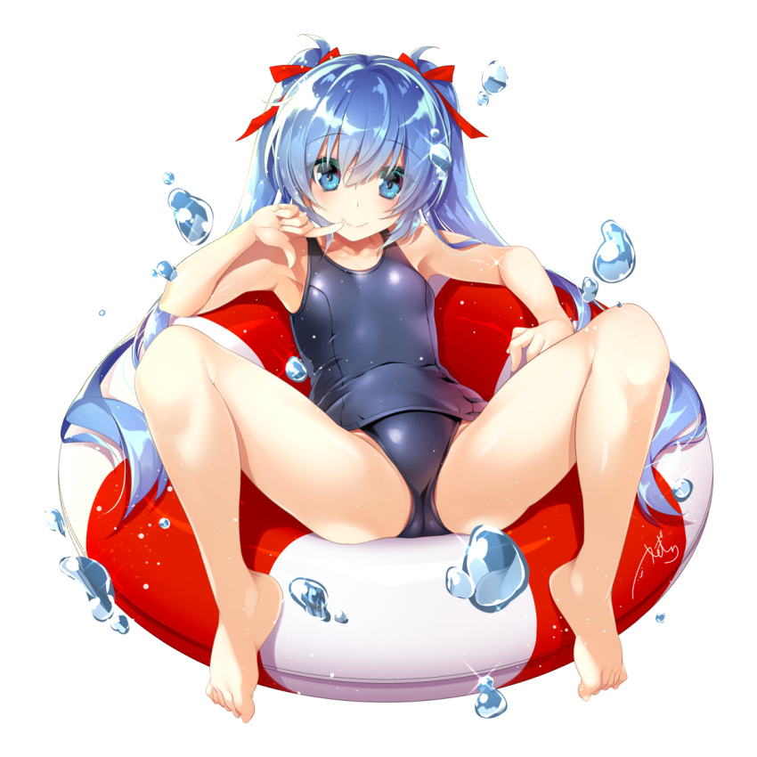 1girl armpits bangs bare_arms bare_legs bare_shoulders barefoot blue_eyes blue_hair blue_swimsuit blush breasts closed_mouth collarbone commentary_request eyebrows_visible_through_hair finger_to_mouth full_body hair_between_eyes hair_ribbon highres lifebuoy long_hair looking_at_viewer lying old_school_swimsuit on_back original red_ribbon ribbon school_swimsuit signature simple_background small_breasts smile solo spread_legs swimsuit tareme twintails very_long_hair water_drop white_background yanagi_yuu