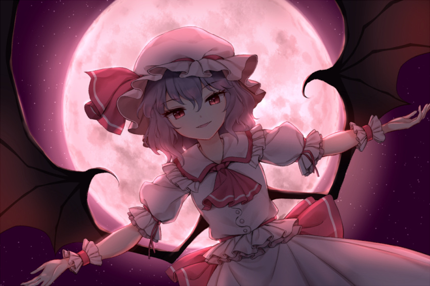 1girl bangs bat_wings blue_hair commentary cowboy_shot dress eyebrows_visible_through_hair frilled_shirt_collar frills full_moon hair_between_eyes hat hat_ribbon minust mob_cap moon night night_sky outdoors outstretched_arms parted_lips puffy_short_sleeves puffy_sleeves red_eyes red_moon red_ribbon red_sash remilia_scarlet ribbon sash short_hair short_sleeves sky smile solo star_(sky) starry_sky touhou white_dress white_headwear wings wrist_cuffs