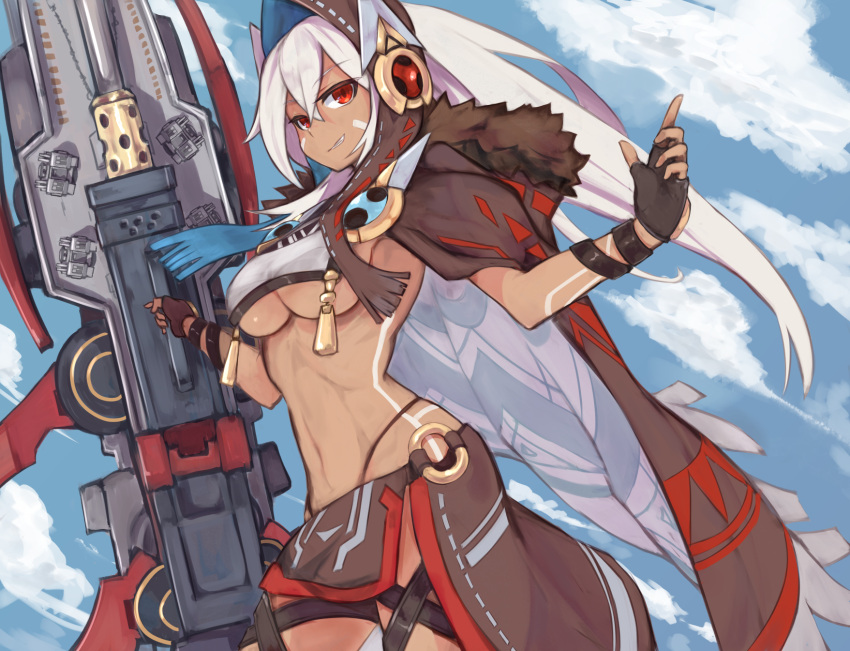 1girl abs azur_lane bangs bodypaint breasts cape commentary_request contrapposto crop_top crop_top_overhang dark_skin eyebrows_visible_through_hair facepaint fingerless_gloves fur-trimmed_cape fur_trim gloves hair_between_eyes highleg highleg_panties highres hood leg_strap loincloth long_hair long_ponytail looking_at_viewer marshall2033 minneapolis_(azur_lane) native_american panties ponytail revealing_clothes smirk solo standing strap thong toned under_boob underwear white_hair