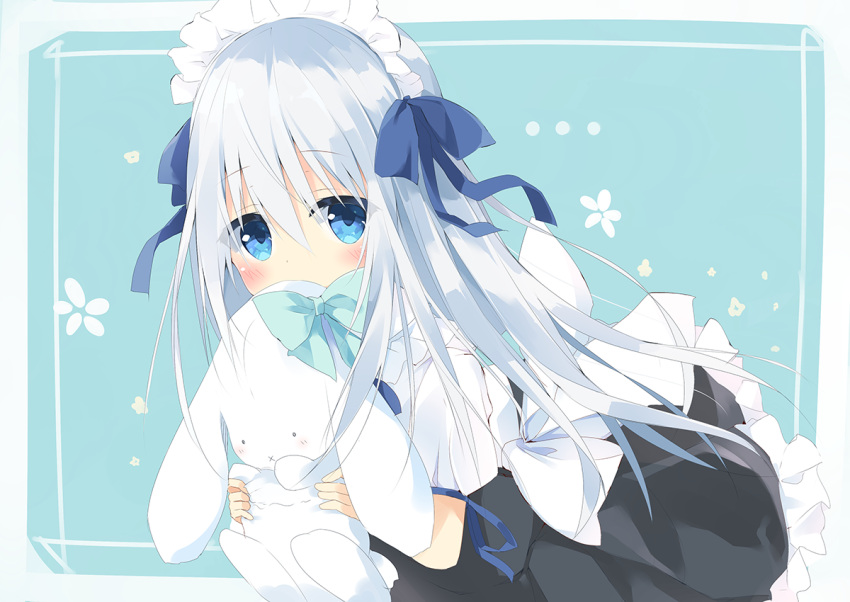 1girl bangs black_skirt blue_background blue_bow blue_eyes blush bow commentary_request covered_mouth eyebrows_visible_through_hair frilled_skirt frills hair_between_eyes holding holding_stuffed_animal kushida_you long_hair maid_headdress original puffy_short_sleeves puffy_sleeves shirt short_sleeves silver_hair skirt solo stuffed_animal stuffed_bunny stuffed_toy two-tone_background very_long_hair white_background white_shirt