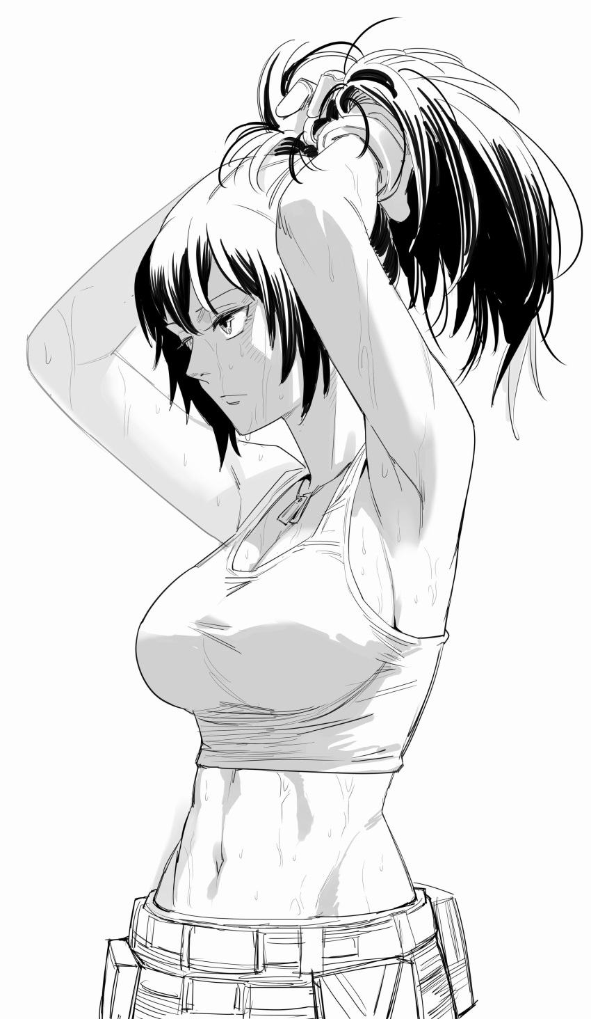 absurdres adjusting_hair armpits arms_up bangs belt breasts dog_tags gloves highres leona_heidern midriff monochrome navel pants pocket ponytail sweat tank_top the_king_of_fighters the_king_of_fighters_xiv the_king_of_fighters_xv yiran_kong_xian