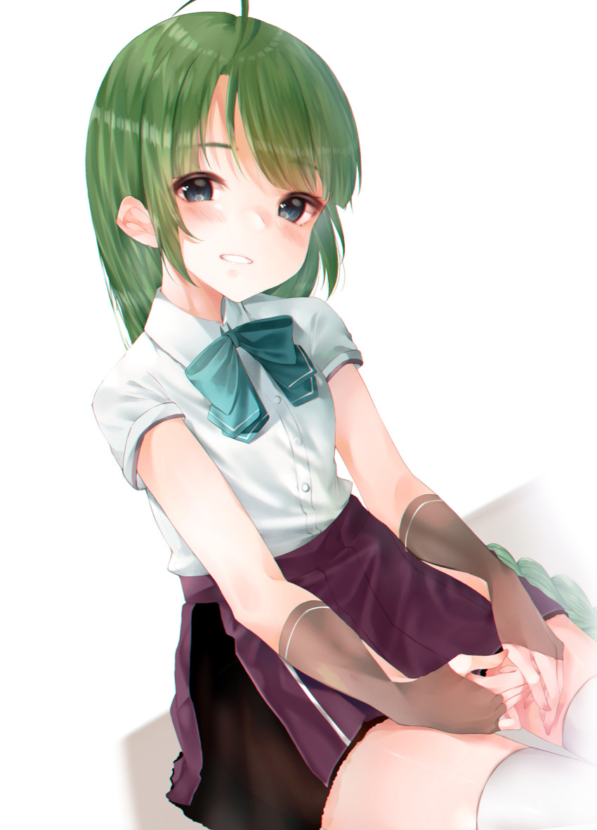 1girl absurdres aqua_eyes blue_neckwear blue_ribbon blush bow bowtie braid breasts brown_gloves collared_shirt eyebrows_visible_through_hair fingerless_gloves gloves green_hair hair_between_eyes happi highres inorin05kanae japanese_clothes kantai_collection long_hair looking_at_viewer mole mole_under_mouth purple_legwear purple_skirt remodel_(kantai_collection) ribbon school_uniform shirt short_sleeves simple_background sitting skirt small_breasts solo thigh-highs very_long_hair white_background white_shirt yuugumo_(kantai_collection)