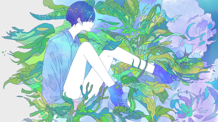 1other alternate_costume androgynous artist_request blue_hair colored_eyelashes eyebrows_visible_through_hair highres houseki_no_kuni phosphophyllite phosphophyllite_(ll) plant shirt shoes short_hair sitting sneakers solo spoilers white_skin