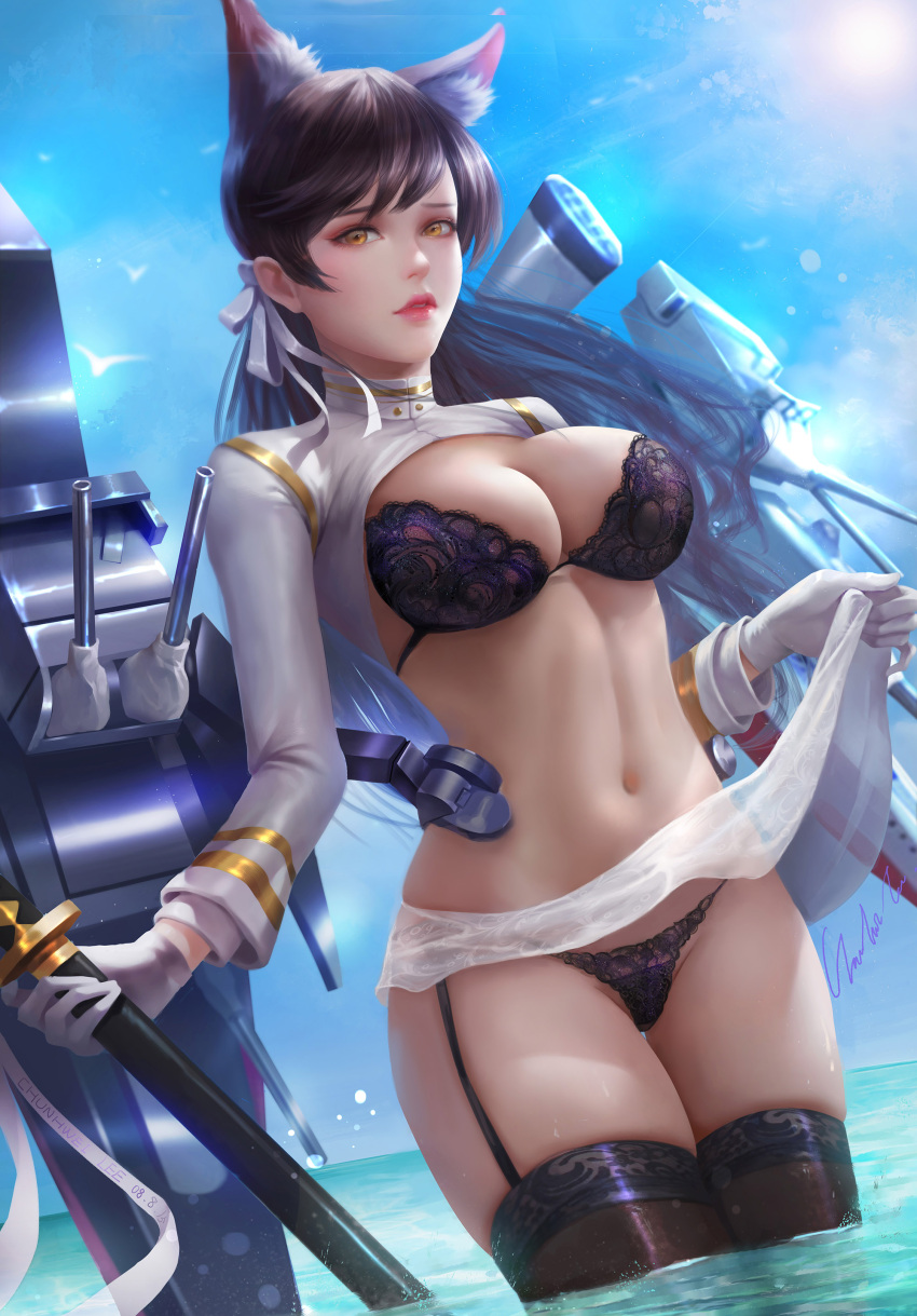 1girl absurdres animal_ears atago_(azur_lane) azur_lane blue_sky blush bra breasts brown_legwear chunhui_lee cleavage_cutout day dress dress_lift fox_ears garter_belt gloves hair_ribbon highres holding holding_sword holding_weapon jacket_lift katana large_breasts lingerie lipstick long_hair long_sleeves looking_at_viewer makeup panties parted_lips purple_bra purple_panties ribbon rigging sheath sheathed sky solo standing sun sword thigh-highs underwear wading weapon white_dress white_gloves white_ribbon