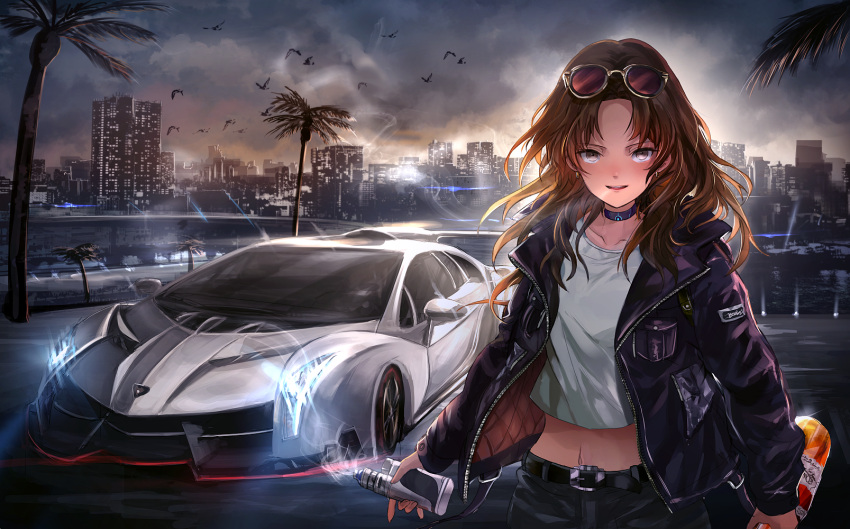 1girl bangs belt bird blush bottle breasts brown_hair building car choker city_lights cityscape clouds cloudy_sky collarbone cowboy_shot crop_top dawn earrings eyebrows_visible_through_hair eyewear_on_head ground_vehicle highres holding holding_bottle i-ron jacket jewelry lamborghini light long_hair looking_at_viewer medium_breasts midriff motor_vehicle navel open_clothes open_jacket original outdoors padded_jacket palm_tree pants purple_jacket scenery sky smile smoke solo standing sunglasses tinted_eyewear tree unzipped violet_eyes wavy_hair white_crop_top wing_collar zipper