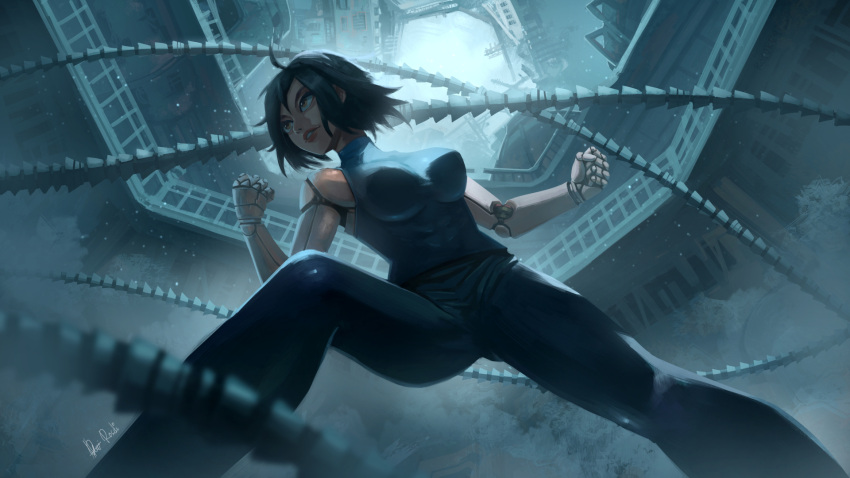 1girl ahoge alita:_battle_angel black_hair breasts brown_eyes clenched_hands commentary cyborg english_commentary fighting_stance from_below gally gunnm highres large_breasts leotard_under_clothes lips mechanical_arms nose pants robot_joints rosdi short_hair skin_tight sleeveless solo turtleneck