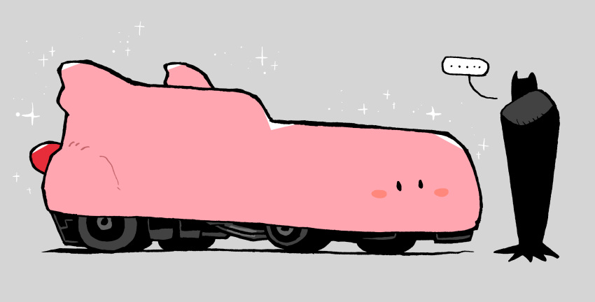 ... 1boy batman batman_(series) batmobile blush_stickers car commentary_request crossover dc_comics grey_background ground_vehicle highres kirby kirby_(series) kirby_and_the_forgotten_land motor_vehicle rariatto_(ganguri) simple_background sparkle speech_bubble spoken_ellipsis