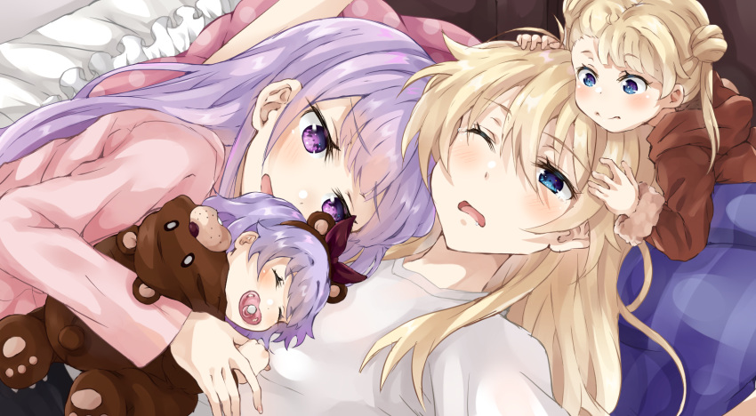 4girls animal_costume bangs bear_costume bear_hair_ornament blue_eyes blush child closed_mouth double_bun eyebrows_visible_through_hair hair_ornament hairband head_on_another's_shoulder highres ips_cells long_hair lying multiple_girls needledmouse new_game! on_back on_side one_eye_closed open_mouth pacifier pillow sleeping smile suzukaze_aoba twintails violet_eyes yagami_kou yuri