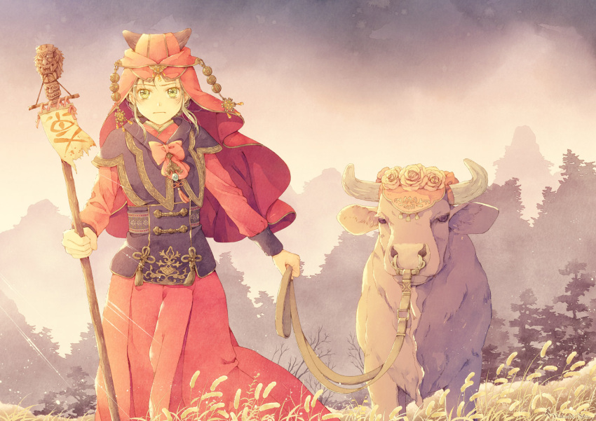 1girl bow bull day field flower gold_trim green_eyes highres horns leash long_skirt long_sleeves looking_at_viewer nose_piercing nose_ring original outdoors piercing red_bow red_headwear red_skirt short_hair_with_long_locks skirt solo standing tree walking_stick yue_natsuki