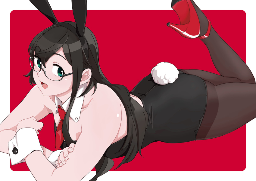 1girl :d alternate_costume animal_ears ass bangs bare_shoulders black_hair black_leotard blush brown_legwear bunny_girl bunny_tail bunnysuit collarbone commentary_request crossed_arms detached_collar eyebrows_visible_through_hair fake_animal_ears glasses green_eyes hair_between_eyes hairband high_heels kantai_collection leotard long_hair looking_at_viewer lying ojipon on_stomach ooyodo_(kantai_collection) open_mouth pantyhose rabbit_ears semi-rimless_eyewear simple_background smile solo strapless strapless_leotard tail thighband_pantyhose thighs under-rim_eyewear wrist_cuffs