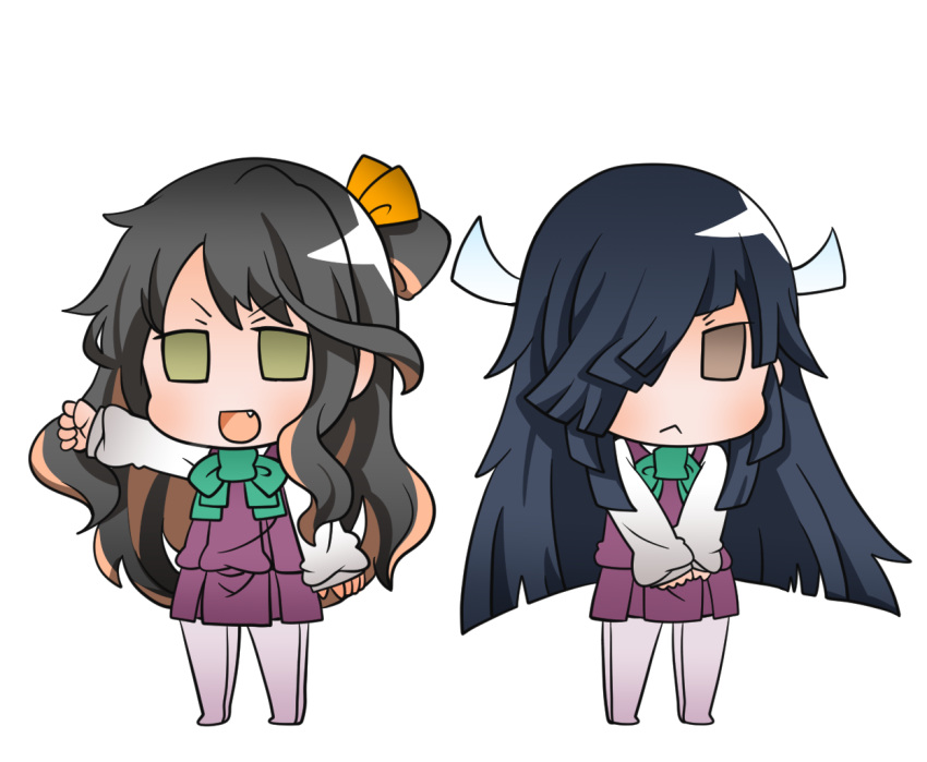 2girls :&lt; :d bangs black_hair blush bow brown_eyes brown_hair chibi closed_mouth dress eyebrows_visible_through_hair fang full_body green_bow green_eyes gurageida hair_over_one_eye hair_ribbon hands_together hayashimo_(kantai_collection) kantai_collection long_hair long_sleeves looking_at_viewer multicolored_hair multiple_girls naganami_(kantai_collection) no_shoes one_side_up open_mouth orange_ribbon outstretched_arm own_hands_together pantyhose pleated_dress purple_dress purple_legwear ribbon shirt simple_background sleeveless sleeveless_dress sleeves_past_wrists smile standing streaked_hair v-shaped_eyebrows very_long_hair white_background white_ribbon white_shirt