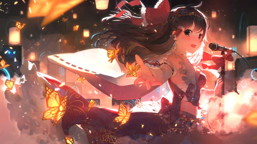 1girl absurdres ascot bow breasts brown_eyes brown_hair bug butterfly cowboy_shot detached_sleeves floating_hair frills hair_bow hair_tubes hakurei_reimu highres huge_filesize idoukunn insect lantern light_particles long_hair looking_at_viewer medium_breasts microphone microphone_stand midriff nontraditional_miko open_mouth outstretched_hand sarashi sidelocks smile solo speaker standing touhou wide_sleeves