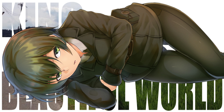 1girl androgynous arm_belt ass_visible_through_thighs belt belt_pouch brown_belt collared_jacket collared_shirt commentary copyright_name expressionless green_eyes green_hair green_jacket green_pants hair_between_eyes half-closed_eyes highres jacket kino kino_no_tabi leather leather_belt leather_jacket long_sleeves looking_at_viewer lying on_side pants parted_lips pouch shirt shirt_under_jacket short_hair shunga_(shun608) skin_tight solo thighs tomboy white_shirt