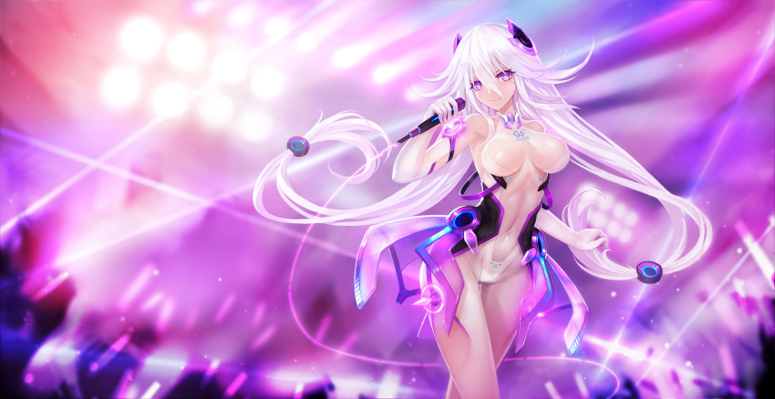 1girl arm_up armpits backlighting bangs bare_shoulders blurry blush bodystocking breasts breasts_apart chinese_commentary closed_eyes commentary_request covered_navel depth_of_field elbow_gloves gloves glowstick hair_between_eyes hair_ornament highres holding holding_microphone impossible_clothes large_breasts long_hair looking_at_viewer low-tied_long_hair microphone original skin_tight smile solo stage_lights thigh_gap very_long_hair violet_eyes white_gloves zhuore_zhi_hen