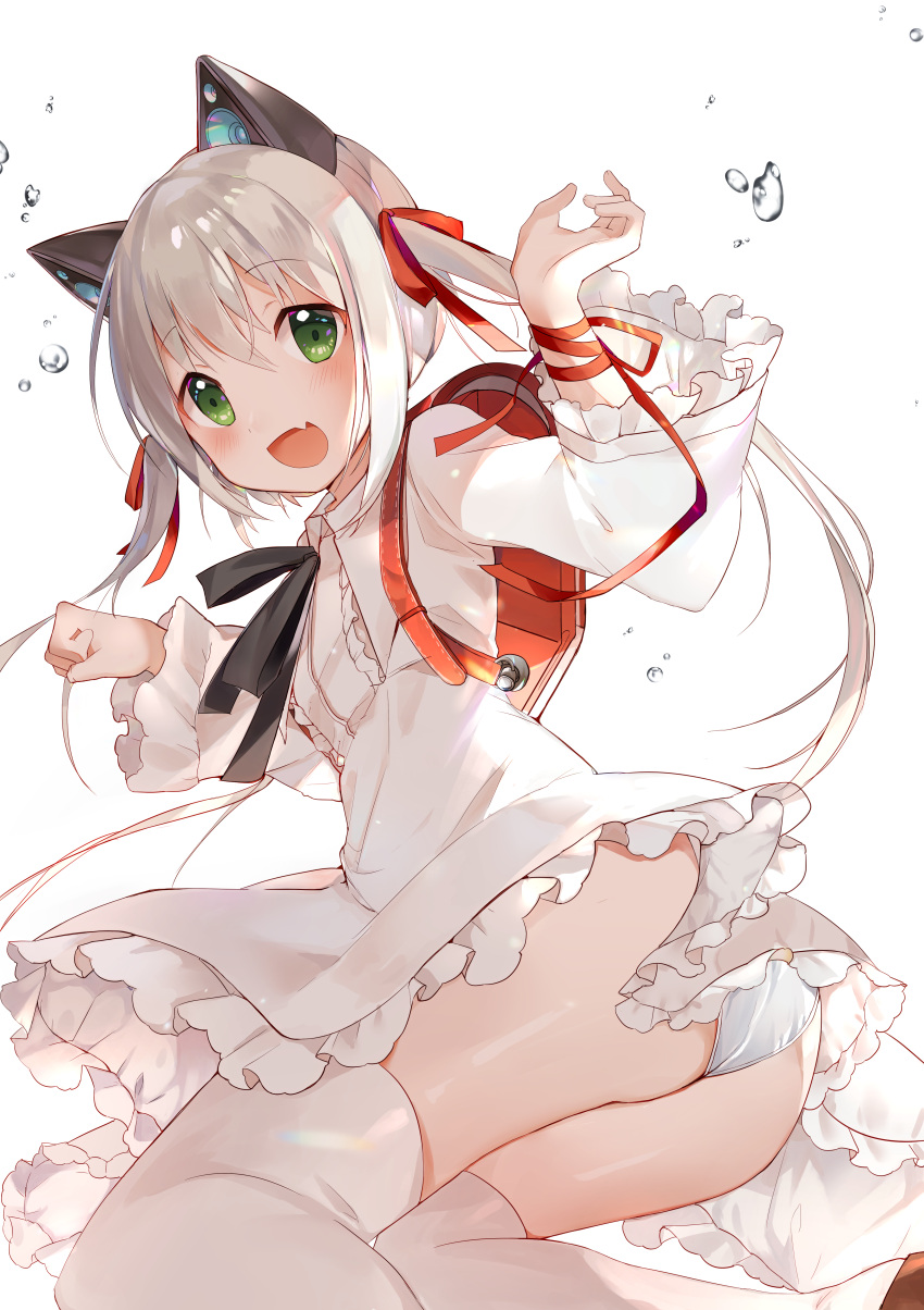 1girl :d absurdres amafuyu animal_ears ass backpack bag bangs black_ribbon brown_footwear cat_ear_headphones cat_ears collared_dress commentary dress eyebrows_visible_through_hair floating frilled_dress frilled_sleeves frills full_body green_eyes hair_ribbon hand_up headphones highres long_hair long_sleeves looking_at_viewer neck_ribbon open_mouth original panties paw_pose randoseru red_backpack red_ribbon ribbon shoes sidelocks skin_fang smile solo thigh-highs twintails underwear very_long_hair water_drop white_background white_dress white_hair white_legwear white_panties wrist_ribbon