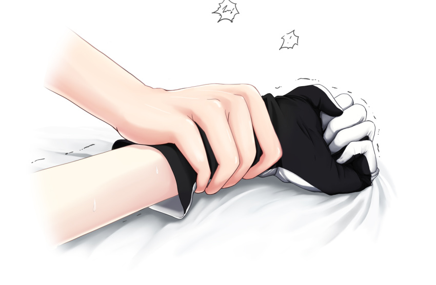 2girls bed_sheet black_gloves clenched_hand close-up commentary_request female_admiral_(kantai_collection) gloves hands kantai_collection multicolored multicolored_clothes multicolored_gloves multiple_girls richelieu_(kantai_collection) simple_background sweat trembling white_background white_gloves wrist_grab yakuto007 yuri
