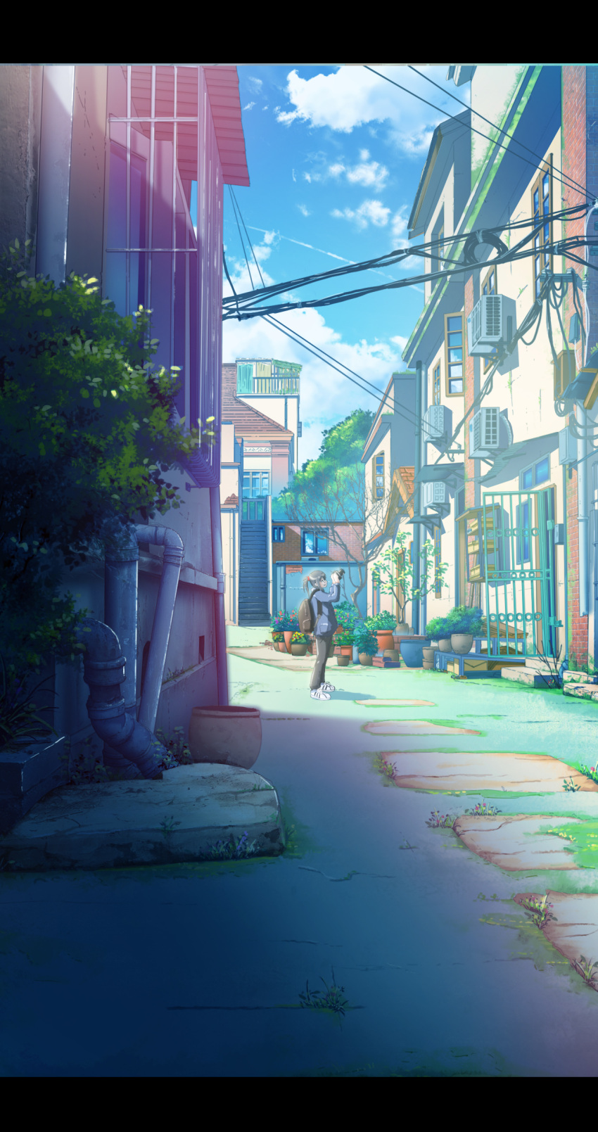 1girl absurdres backpack bag black_hair camera day from_side glasses highres holding holding_camera house letterboxed looking_away original outdoors pants parted_lips plant potted_plant power_lines scenery short_hair short_ponytail smile solo standing sweatpants window xingyue_ling