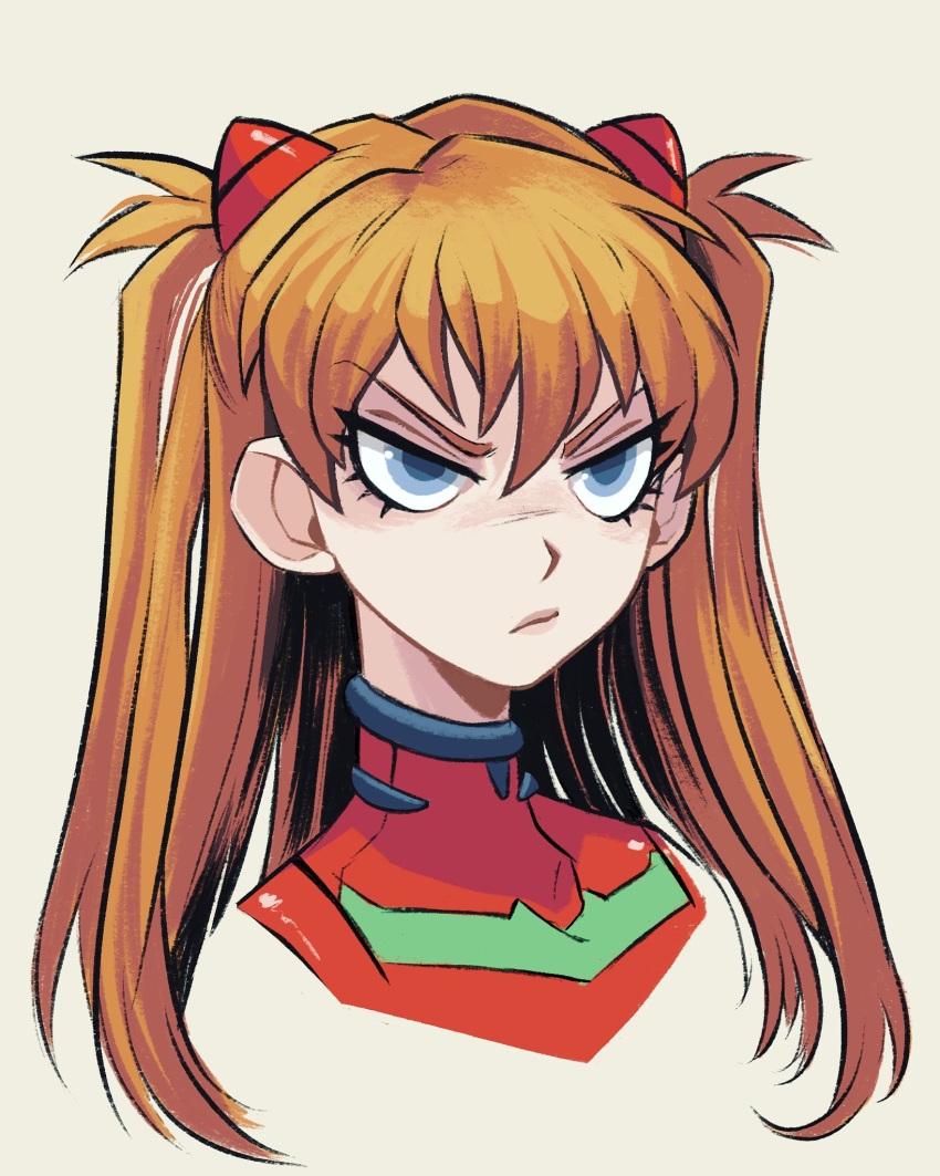 1girl blue_eyes bodysuit drunkenfist frown highres lips multicolored multicolored_bodysuit multicolored_clothes neon_genesis_evangelion orange_bodysuit orange_hair pilot_suit plugsuit red_bodysuit solo souryuu_asuka_langley upper_body