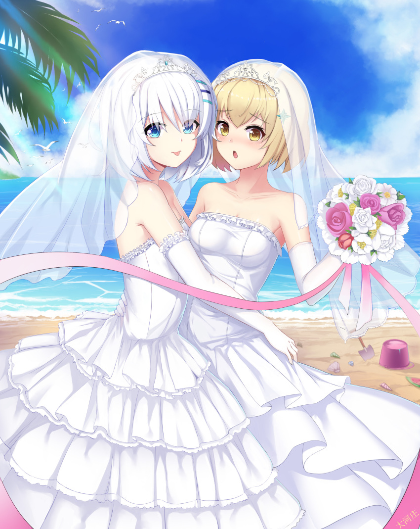 2girls 3: :o :p absurdres bangs bare_shoulders beach bird blonde_hair blue_eyes blue_sky blush bouquet breasts bridal_veil bucket chinese_commentary clouds collarbone commentary_request couple dahe_zhuang_(yishi_fanhua) day dress elbow_gloves eyebrows_visible_through_hair eyes_visible_through_hair feet_out_of_frame female flower frills gloves hair_between_eyes hair_ornament hairclip hand_up highres holding holding_flower hug layered_dress light_rays long_dress looking_at_viewer medium_breasts multiple_girls neck ocean open_mouth original outdoors palm_tree pink_ribbon purple_flower purple_rose red_flower red_rose ribbon rose sand seashell shell short_hair shovel silver_hair sky standing strapless strapless_dress tiara tongue tongue_out tree veil wedding_dress white_dress white_flower white_gloves white_rose wife_and_wife yellow_eyes yellow_flower yuri
