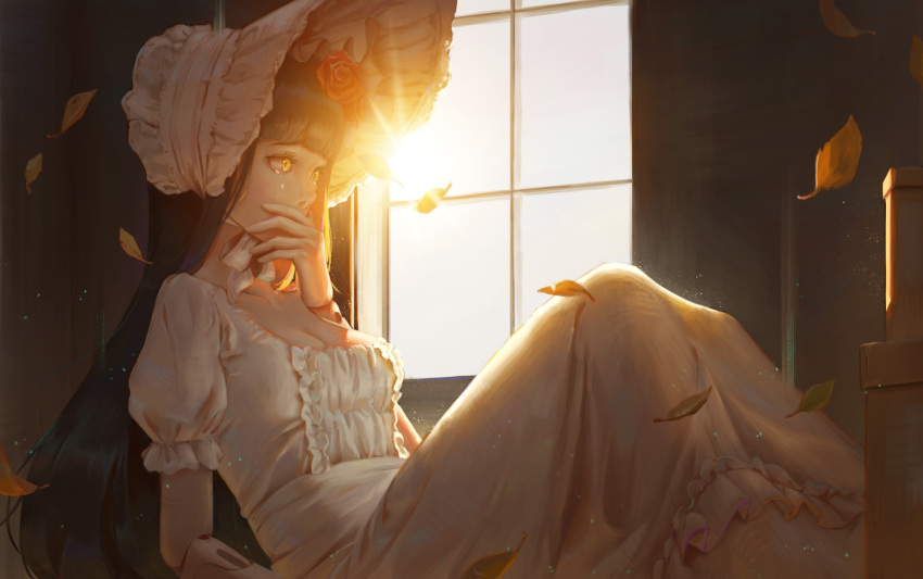 1girl bangs bibido black_hair blunt_bangs bonnet box breasts cleavage covering_mouth day doll_joints dress flower full_body hair_flower hair_ornament hand_up highres leaf long_hair original short_sleeves sitting solo tears very_long_hair white_dress window yellow_eyes