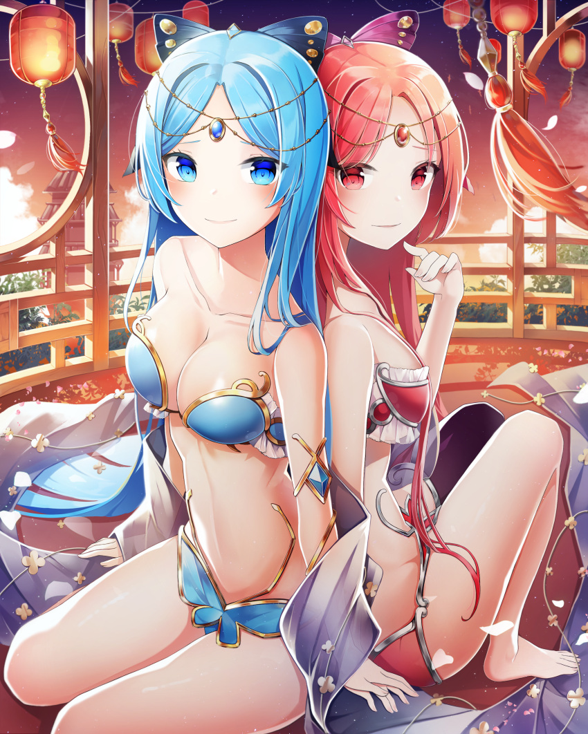 2girls absurdres armlet back-to-back bangs bare_shoulders barefoot bikini blue_bikini blue_eyes blue_hair blush breasts building circlet cleavage closed_mouth clouds collarbone da_qiao_(houchi_shoujo) gold_trim hair_ornament hand_up highres houchi_shoujo indoors lantern legs_together light_particles long_hair looking_at_viewer medium_breasts multiple_girls onsem parted_lips petals purple_legwear red_bikini red_eyes redhead revealing_clothes ruby_(gemstone) sapphire_(gemstone) shawl siblings sidelocks single_thighhigh sisters sitting sky smile star_(sky) starry_sky stomach sunset swimsuit thigh-highs thighs very_long_hair wind xiao_qiao_(houchi_shoujo) yokozuwari