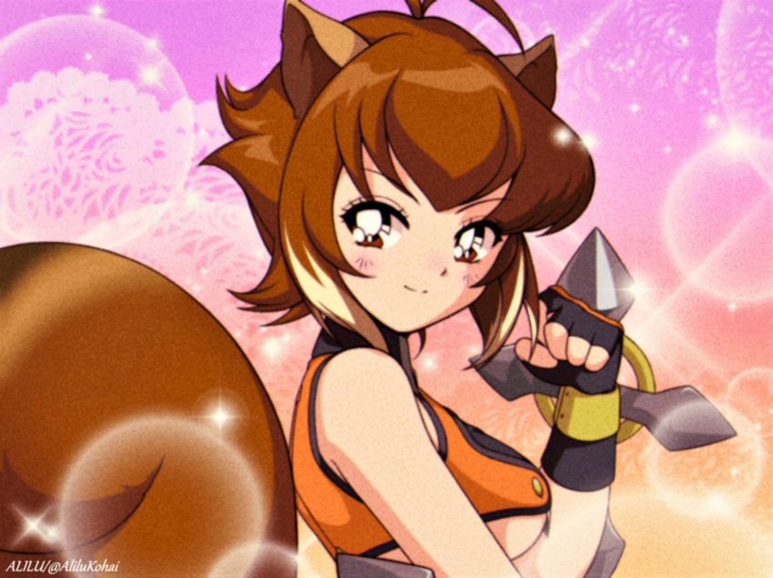1girl 90s alilu-chan animal_ears antenna_hair bangs blazblue brown_eyes closed_mouth crop_top dual_wielding fingerless_gloves from_side gloves highres holding light_smile looking_at_viewer looking_to_the_side makoto_nanaya multicolored_hair orange_skirt parody revealing_clothes short_hair skirt smile solo sparkle sparkling_eyes squirrel_ears squirrel_girl squirrel_tail style_parody tail tonfa twitter_username two-tone_hair upper_body weapon