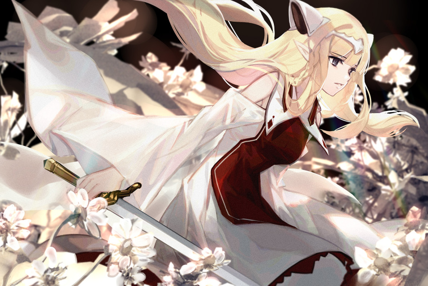 1girl blonde_hair blurry blurry_background braid dark_background detached_sleeves falia_the_queen_of_the_mountains flower grey_eyes headpiece highres long_hair pixiv_fantasia pixiv_fantasia_last_saga pointy_ears skade solo standing sword twin_braids very_long_hair weapon white_flower